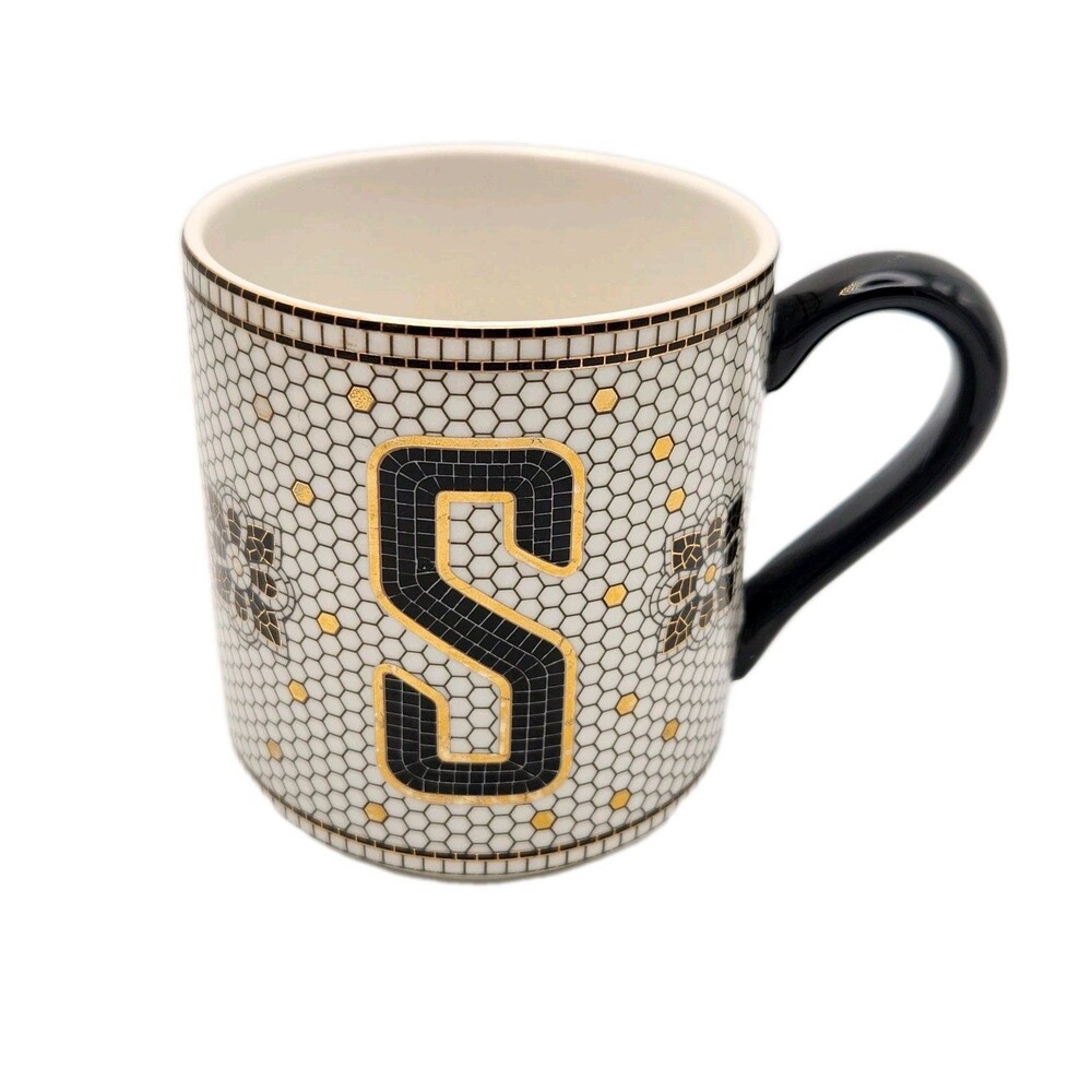 Anthropologie Margot Monogram “S” Honeycomb Mosaic Black & Gold Coffee Mug Cup